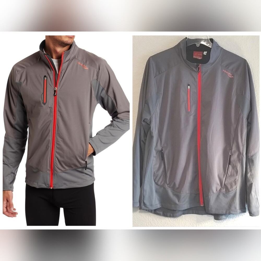Saucony Mens Nomad Jacket Athletic Full Zip Long Sleeve Pocketed Gray Red XXL